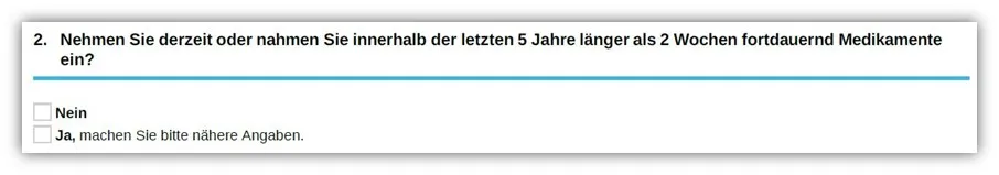 Screenshot der Frage nach Medikamenteneinnahme über fünf Jahre bei der Hannoverschen Risikolebensversicherung