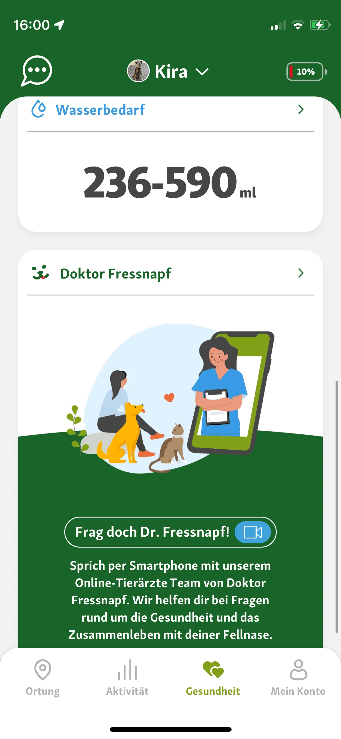 Screenshot der Fressnapf Tracker App mit Option für Tierarzt-Videosprechstunde