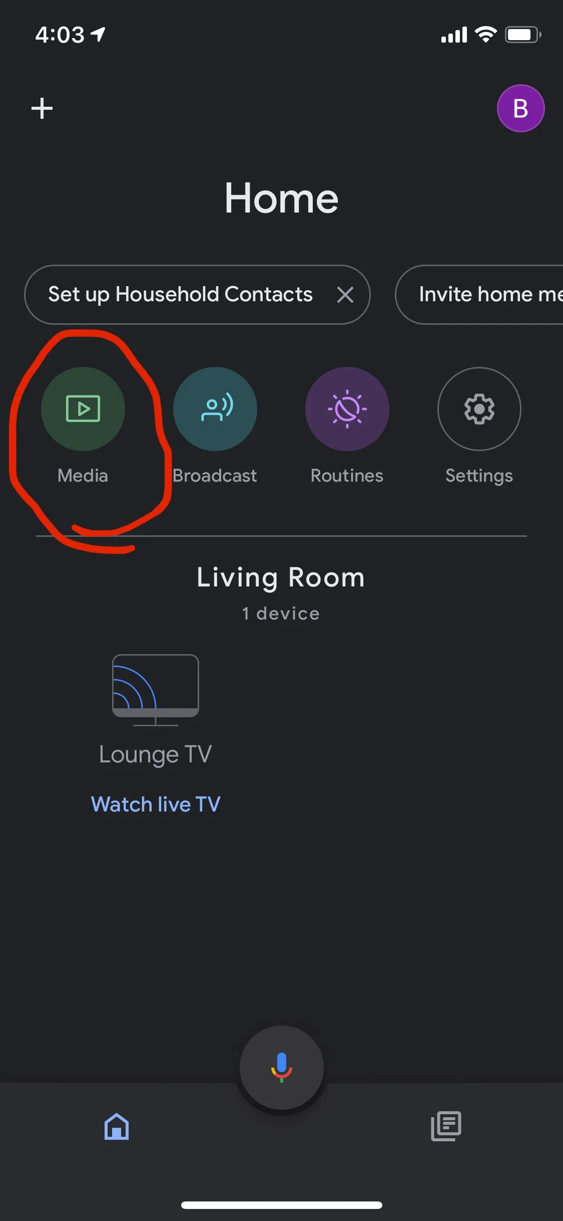 Screenshot der Google Home App mit hervorgehobenem Medien-Symbol