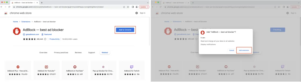 Screenshot der Installationsschritte für den kostenlosen Avira Werbeblocker in Google Chrome, zeigt die Schaltfläche "Zu Chrome hinzufügen" und die Bestätigung der Erweiterungsinstallation.