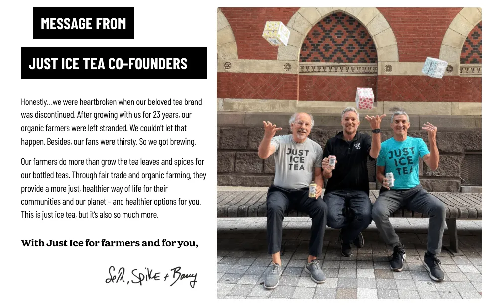 Screenshot der Just Ice Tea Website oder Produktpräsentation mit Fokus auf nachhaltige Inhaltsstoffe und Markenwerte