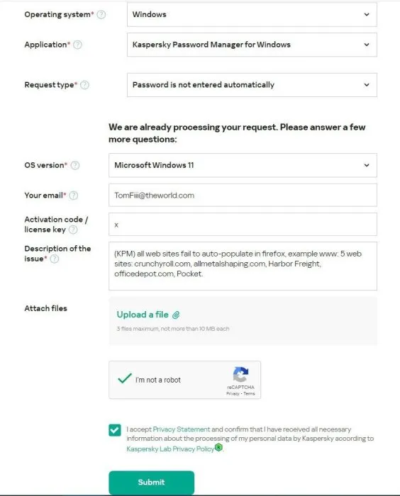 Screenshot der Kaspersky Support-Kontaktseite mit hervorgehobener Option zur Meldung einer Anwendungsstörung für nicht automatisch eingegebene Passwörter.