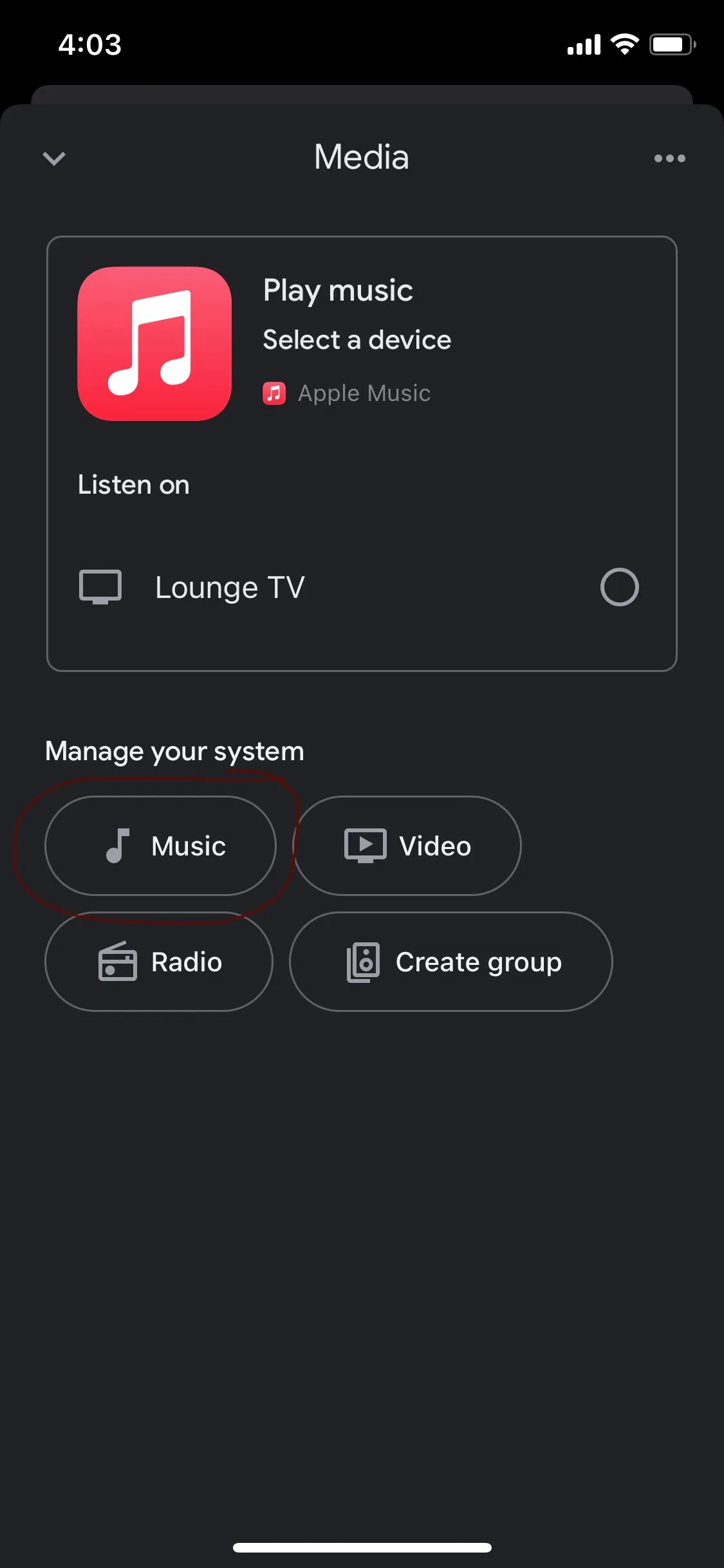 Screenshot der Medienauswahl in der Google Home App, Option Musik ist markiert