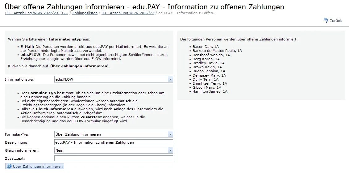 Screenshot der Option zur Information über Zahlungen in edu.PAY