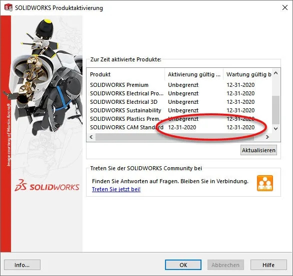 Screenshot der SOLIDWORKS Lizenzübersicht, die sowohl Dauer- als auch Mietlizenzen für einen Einzelplatznutzer darstellt
