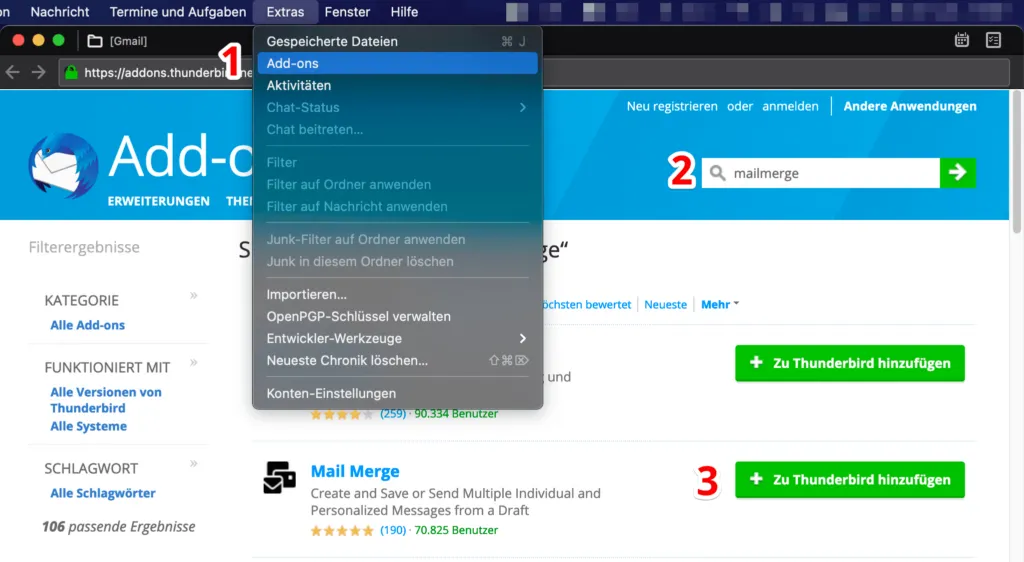 Screenshot der Thunderbird Add-ons-Suche, der das 'Mail Merge' Add-on für das Erstellen von Serienbriefen zeigt.