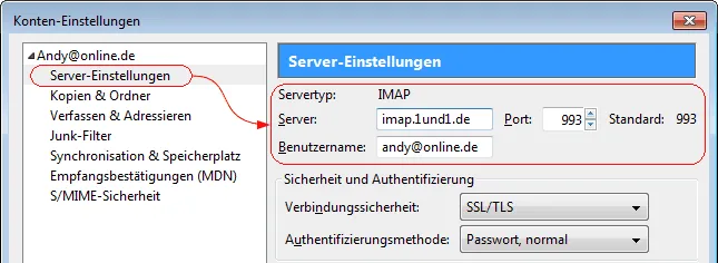 Screenshot der Thunderbird Server-Einstellungen für eingehende E-Mails
