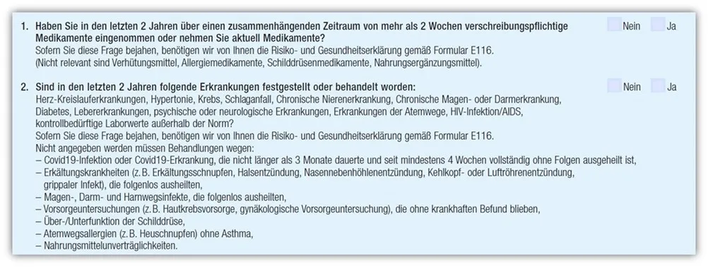 Screenshot der vereinfachten Gesundheitsfragen der Hannoverschen Risikolebensversicherung für Immobilienfinanzierung.