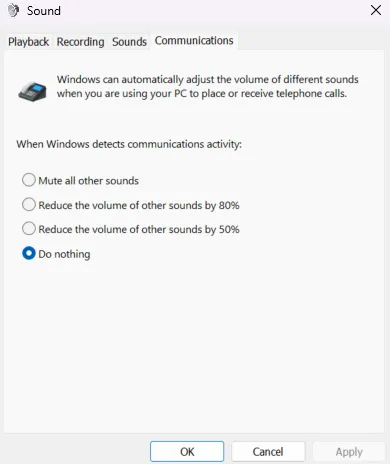 Screenshot der Windows-Soundeinstellungen, Registerkarte "Kommunikation", die die Option "Nichts tun" bei Kommunikationsaktivität hervorhebt.