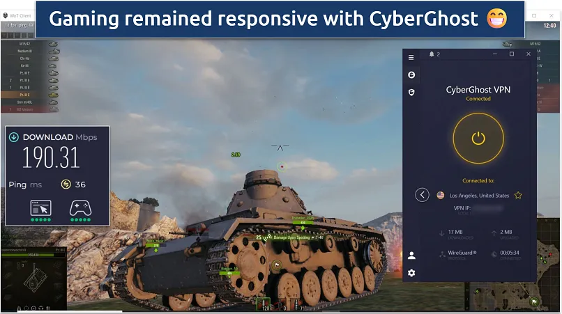 Screenshot, der zeigt, dass CyberGhost eine gute Option für Online-Gaming ist