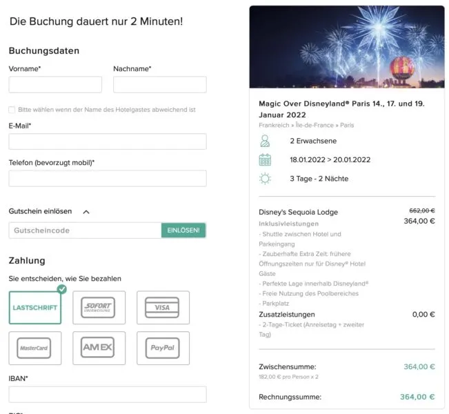 Screenshot des Buchungsvorgangs für ein Disneyland Paris Hotel- und Ticket-Angebot auf Travelcircus