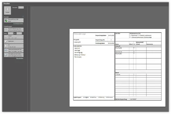 Screenshot des Druckmenüs in Excel zum Export einer fortlaufenden Besprechungsprotokoll Vorlage als PDF