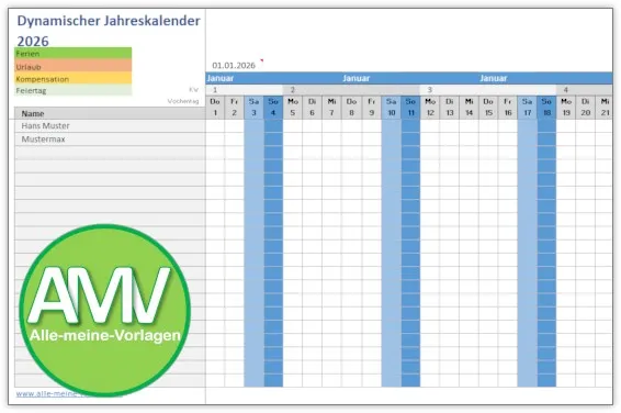 Screenshot des dynamischen Jahreskalenders 2026 in Excel für flexible Planung