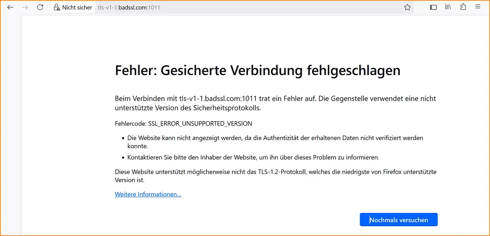 Screenshot des Firefox-Fehlers 'Gesicherte Verbindung fehlgeschlagen' mit Beschreibung und 'Nochmals versuchen'-Schaltfläche