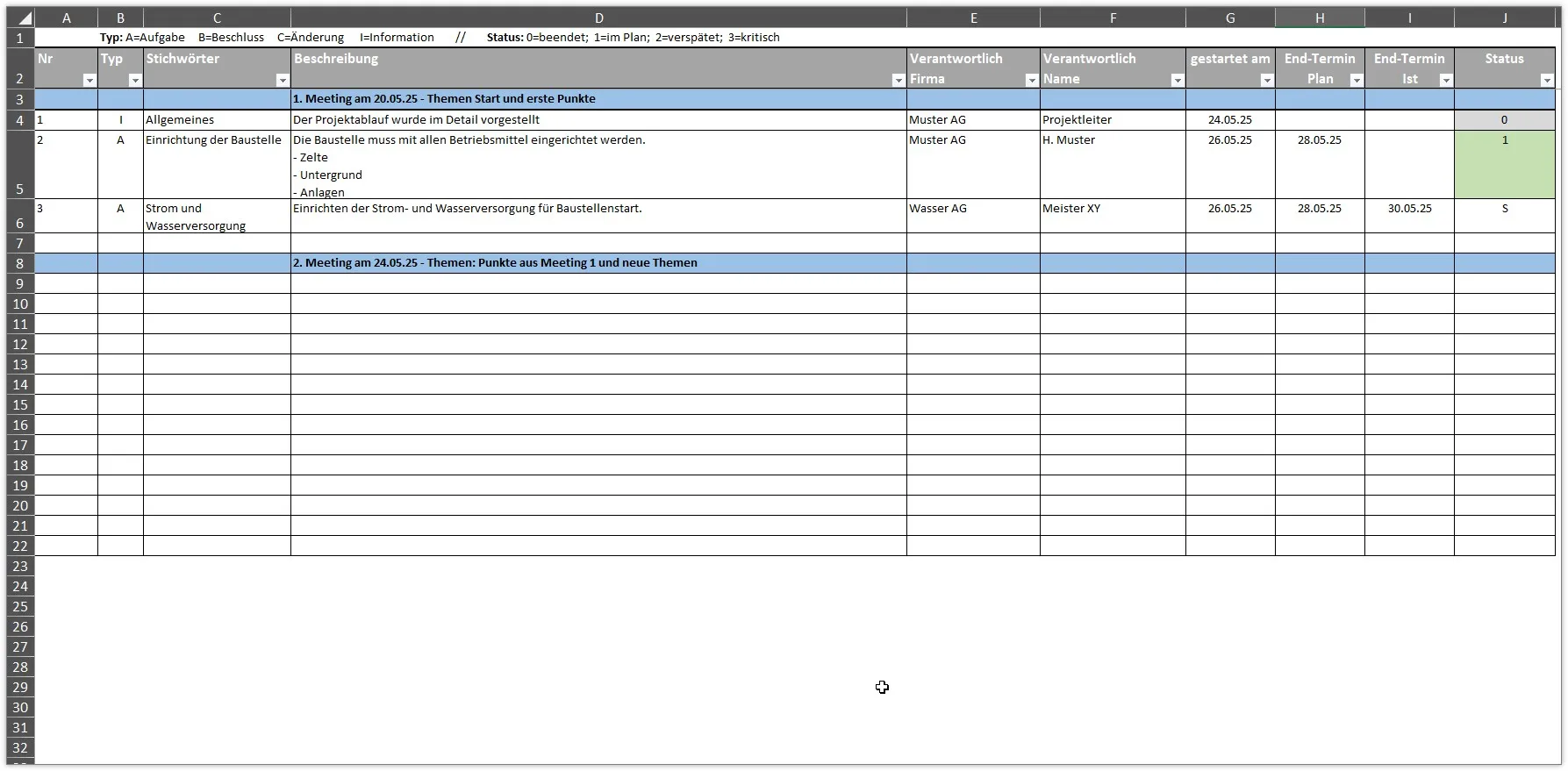 Screenshot des Protokollbereichs einer fortlaufenden Besprechungsprotokoll Excel Vorlage mit erfassten Besprechungspunkten, Verantwortlichkeiten und Status