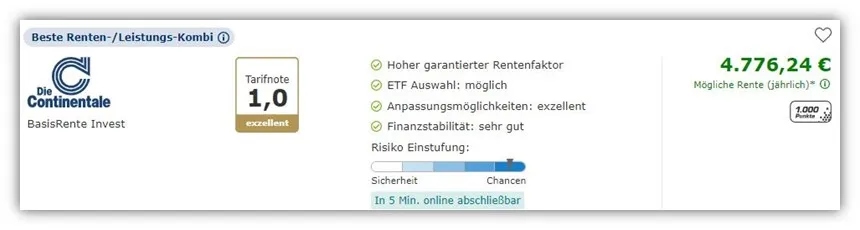 Screenshot des Vergleichsrechners mit der prognostizierten Rente der Continentale BasisRente Invest