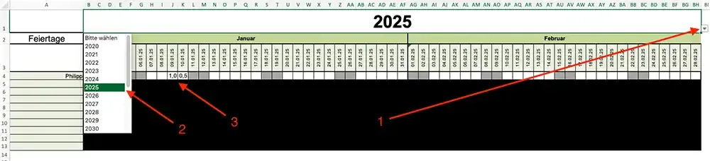 Screenshot des vollautomatisierten Urlaubsplaner PRO in Excel, zeigt die Eingabemasken für Mitarbeiterdaten und die Jahresauswahl für eine flexible Urlaubsverwaltung.