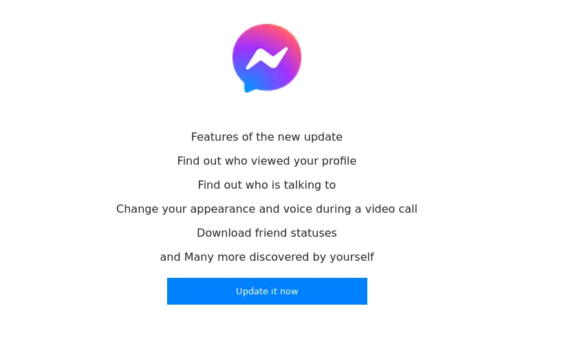 Screenshot einer gefälschten Facebook Messenger-Seite, die ein &quot;Update&quot; anbietet, um Funktionen wie das Ändern des Aussehens bei Videoanrufen oder das Tracking von Profilbesuchern vorzutäuschen und so Anmeldeinformationen abzugreifen.