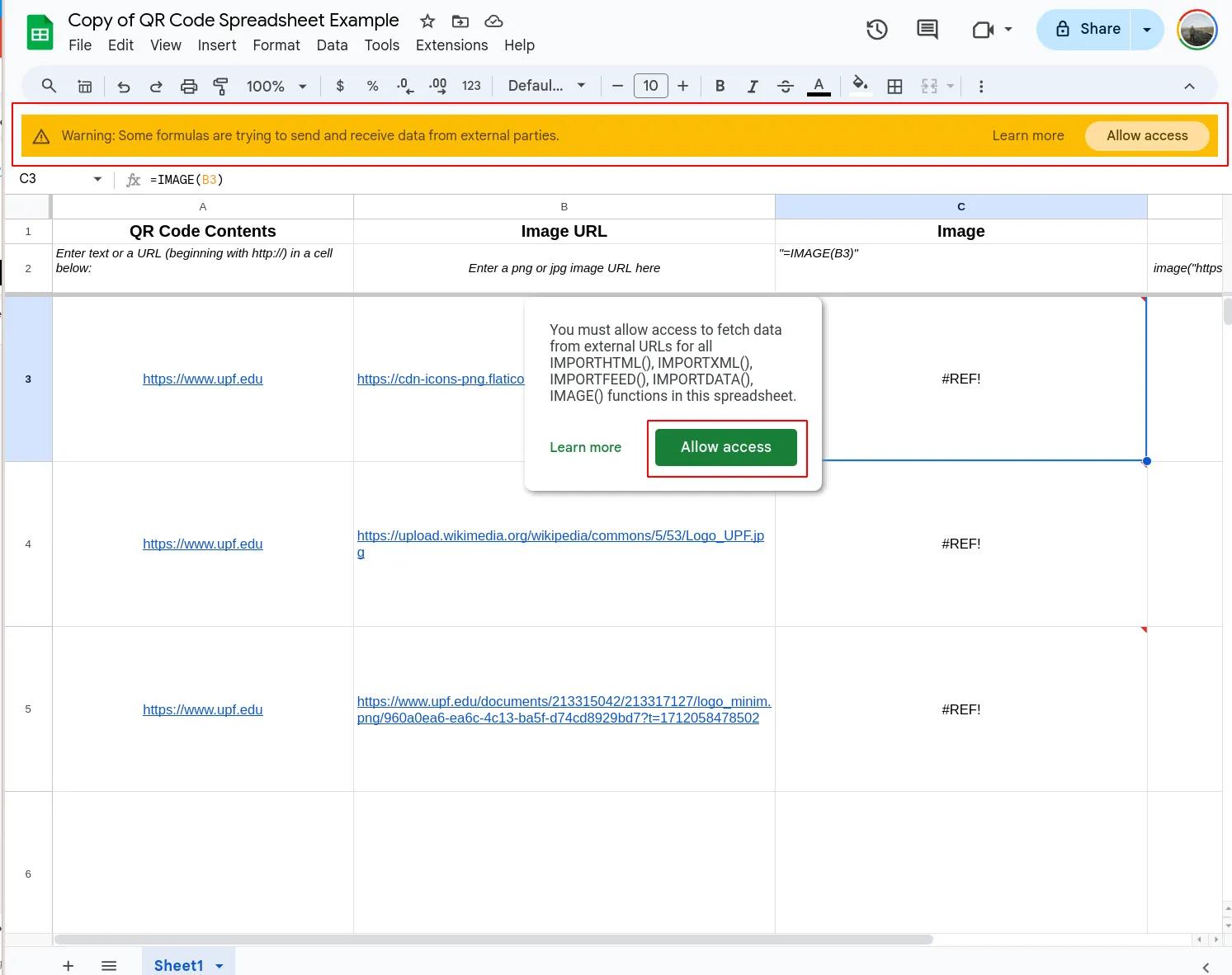 Screenshot einer Google Sheets Berechtigungsanfrage zum Laden externer Daten für QR-Code-Bilder.