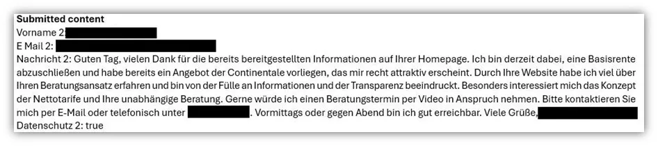 Screenshot einer Kundenanfrage zur Nettopolice der Continentale BasisRente Invest