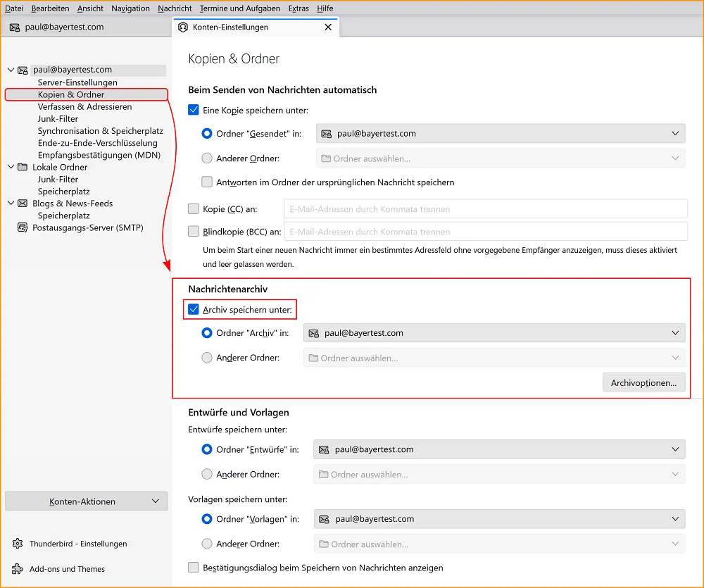 Screenshot: Einstellungen für Nachrichtenarchiv unter &quot;Kopien &amp; Ordner&quot; in Thunderbird