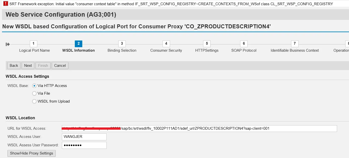 Screenshot: Fehlermeldung bei falscher URL-Verwendung im SAP Web Service Konsum