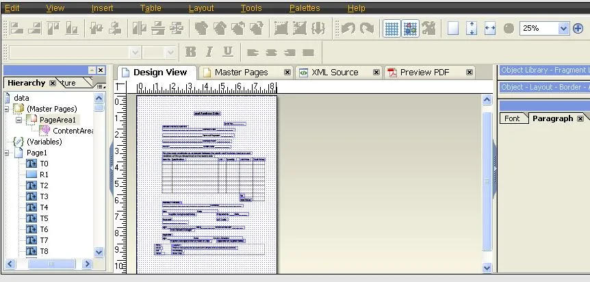 Screenshot: Importiertes Layout mit editierbaren Feldern in der Design-Ansicht