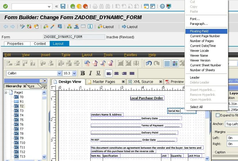 Screenshot: Kontextmenü mit Option zum Einfügen eines Floating Fields