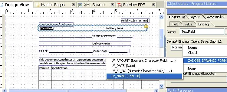 Screenshot: Layout mit mehreren gebundenen dynamischen Variablen