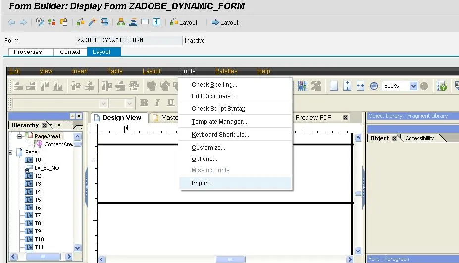 Screenshot: Menüoption zum Importieren einer externen Datei in Adobe Forms