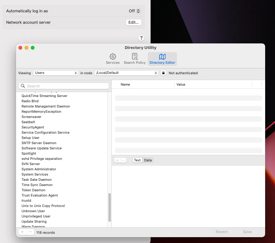 Screenshot of Directory Editor, TeamsServer user
