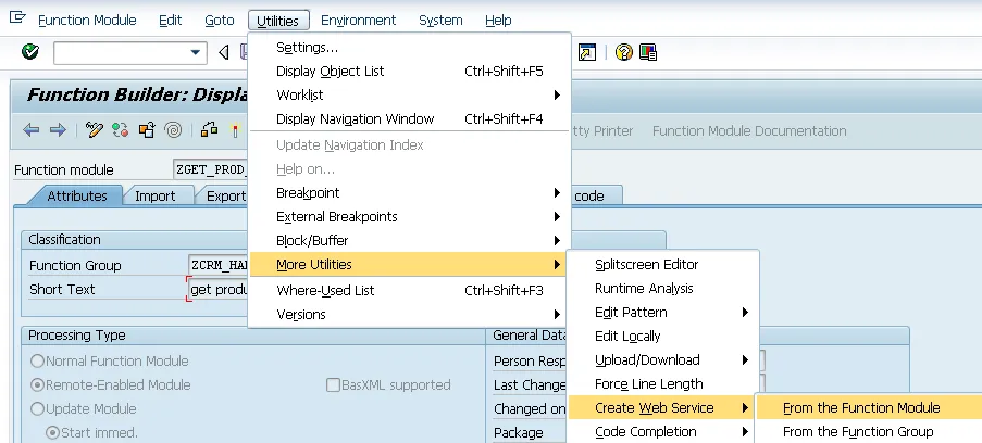 Screenshot: SAP SE80 Object Navigator - Web Service Assistent starten