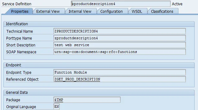 Screenshot: SAP SE80 Service-Definition mit WSDL-Tab für ABAP Web Service
