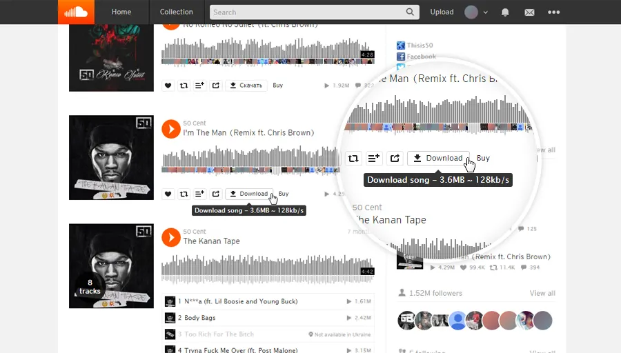 Screenshot: Skyload &quot;Download&quot;-Button neben einem SoundCloud-Track in Google Chrome