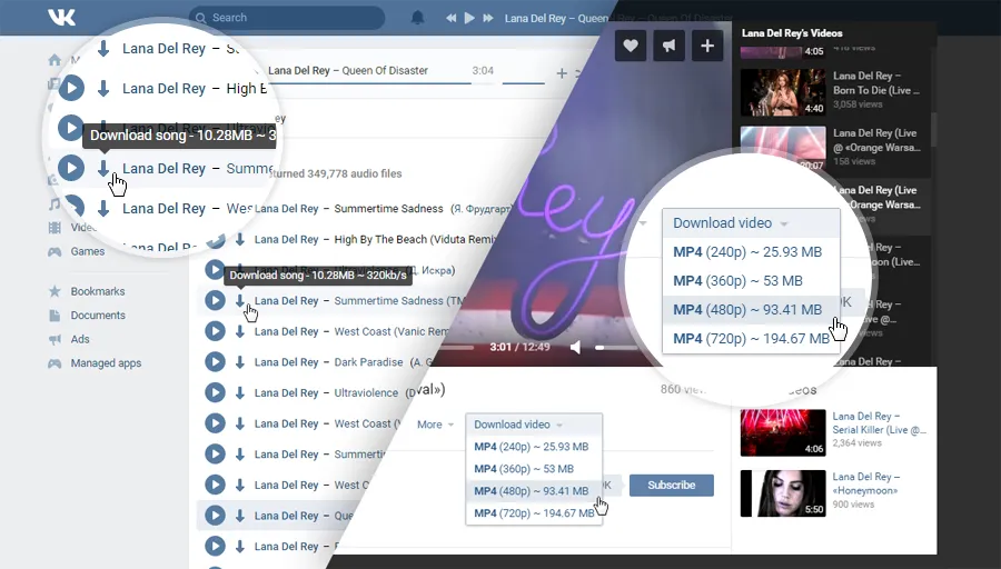 Screenshot: Skyload Download-Pfeil auf einer VK-Musikseite in Google Chrome
