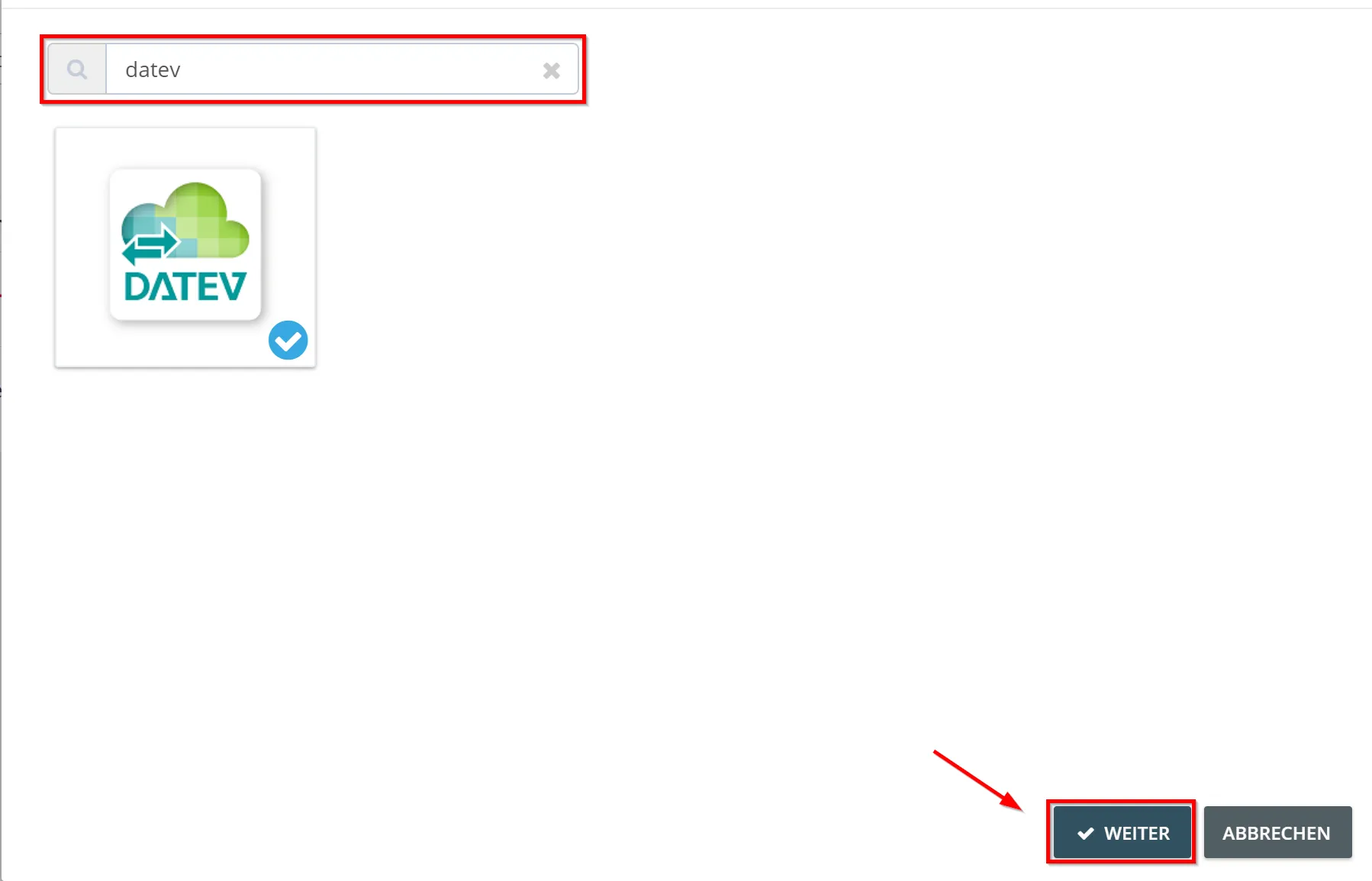 Screenshot: Suche nach DATEV und Auswahl der DATEV-Kachel für den Export