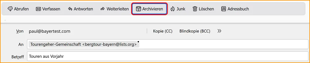 Screenshot: Thunderbird Nachrichten manuell archivieren mit Button