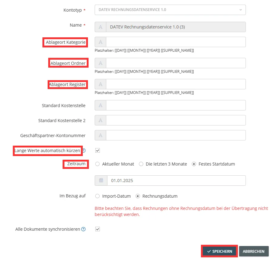 Screenshot: Übersicht der finalen DATEV Export-Einstellungen in GetMyInvoices vor dem Start