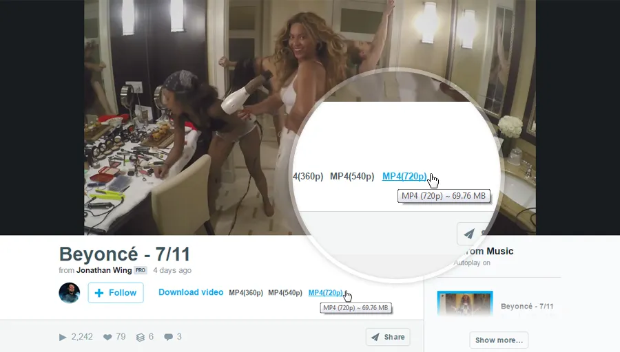 Screenshot: Verfügbare Videoformate für den Download mit Skyload auf Vimeo in Google Chrome