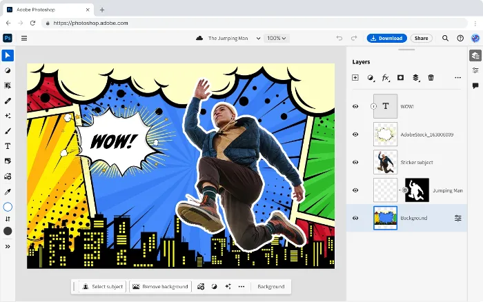 Screenshot von Adobe Photoshop Web auf einem Chromebook, das kreative Bearbeitungsfunktionen zeigt