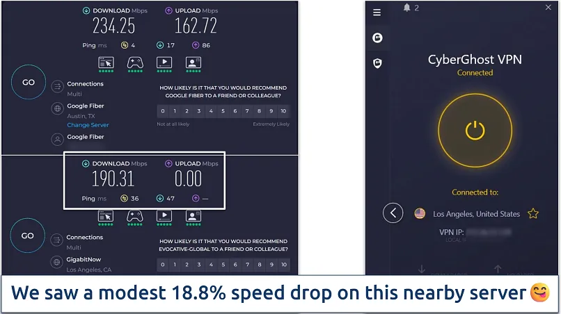 Screenshot von Ookla-Geschwindigkeitstests mit CyberGhost-Verbindung auf einem nahegelegenen Server und ohne VPN