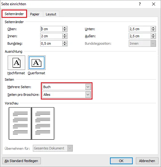 Screenshot: Word Dialogfenster 'Seite einrichten' mit Auswahl 'Buch' unter 'Mehrere Seiten' und 'Alles' bei 'Seiten pro Broschüre' für die Buchlayout-Definition.