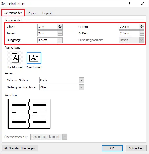 Screenshot: Word Einstellungen für 'Seitenränder' und 'Bundsteg' im Buchlayout, detailierte Angaben für Oberen, Unteren, Inneren, Äußeren Rand und den Bundsteg.