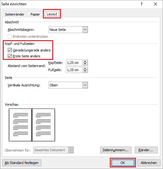 Screenshot: Word Registerkarte 'Layout' im Dialogfenster 'Seite einrichten', mit aktivierten Optionen 'Gerade/ungerade anders' und 'Erste Seite anders' für Kopf- und Fußzeilen im Buchlayout.