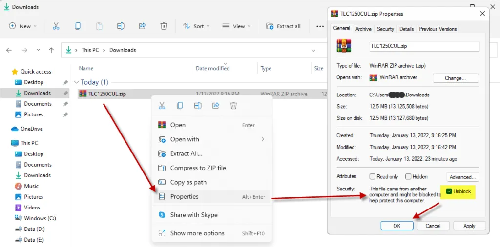 Screenshot zeigt die Dateieigenschaften einer Zip-Datei mit dem aktivierten Kontrollkästchen 'Zulassen' (Unblock) im Reiter 'Allgemein' unter Windows 11, um die Blockierung durch SmartScreen zu entfernen.