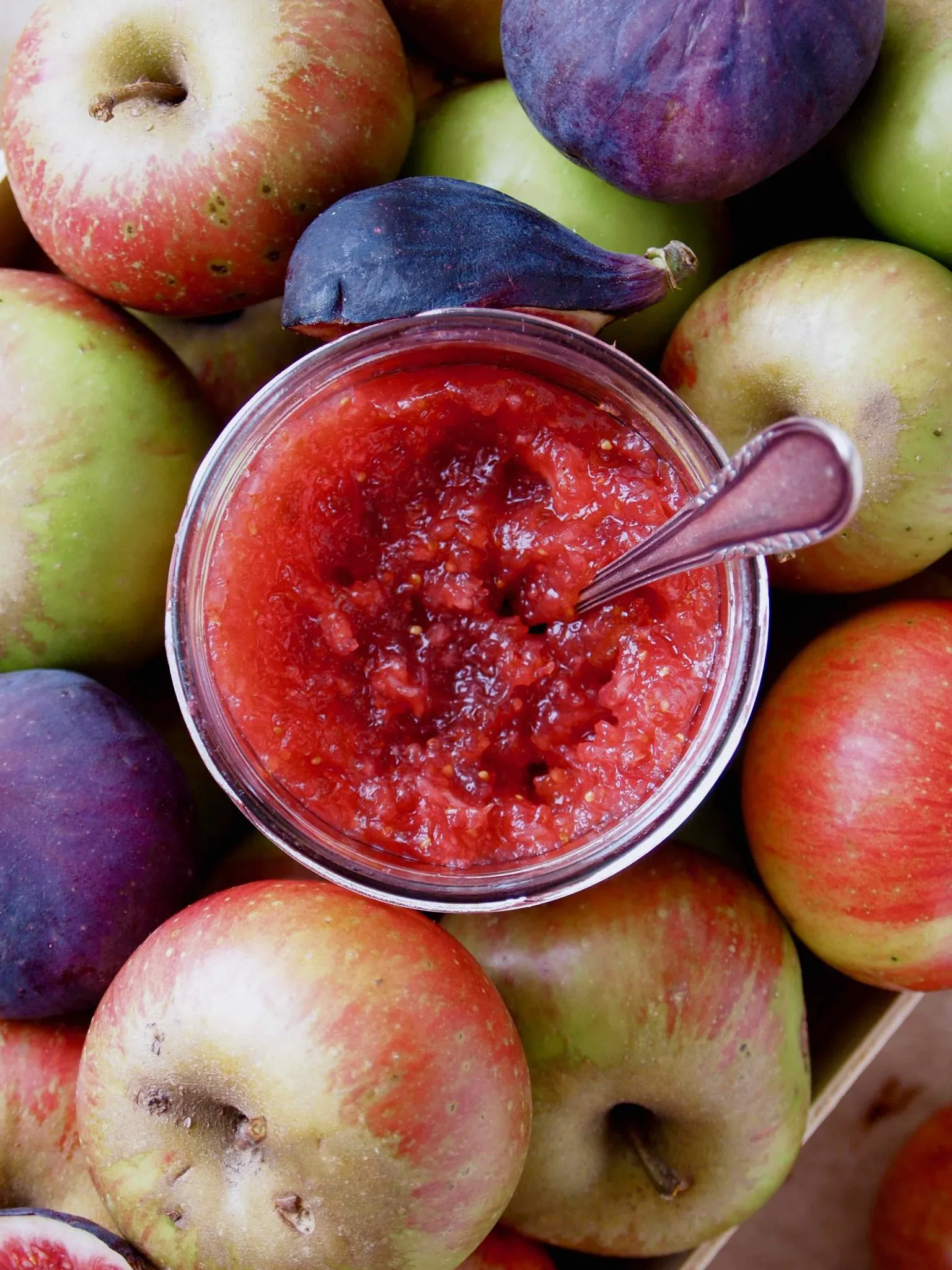 Selbstgemachte Apfel-Feigen-Marmelade mit Tonkabohne in einem Glas, bereit zum Genuss