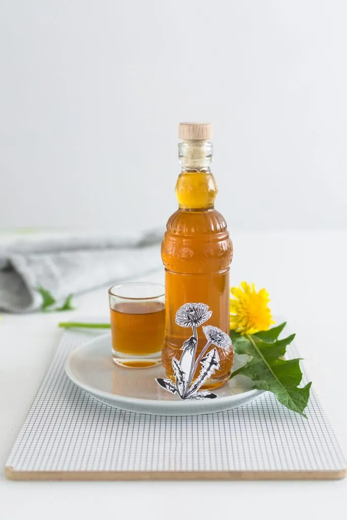 Selbstgemachter goldener Löwenzahnsirup in einem Einmachglas auf Holzhintergrund