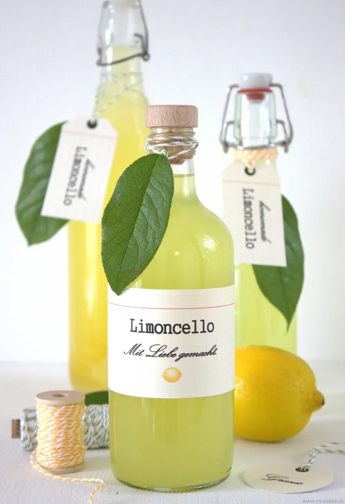 Selbstgemachter Limoncello in einer stilvollen Flasche, umgeben von frischen Zitronen und Sommerblumen.