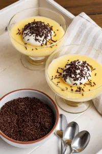 Selbstgemachter Vanillepudding mit Schokostreuseln in Dessertgläsern