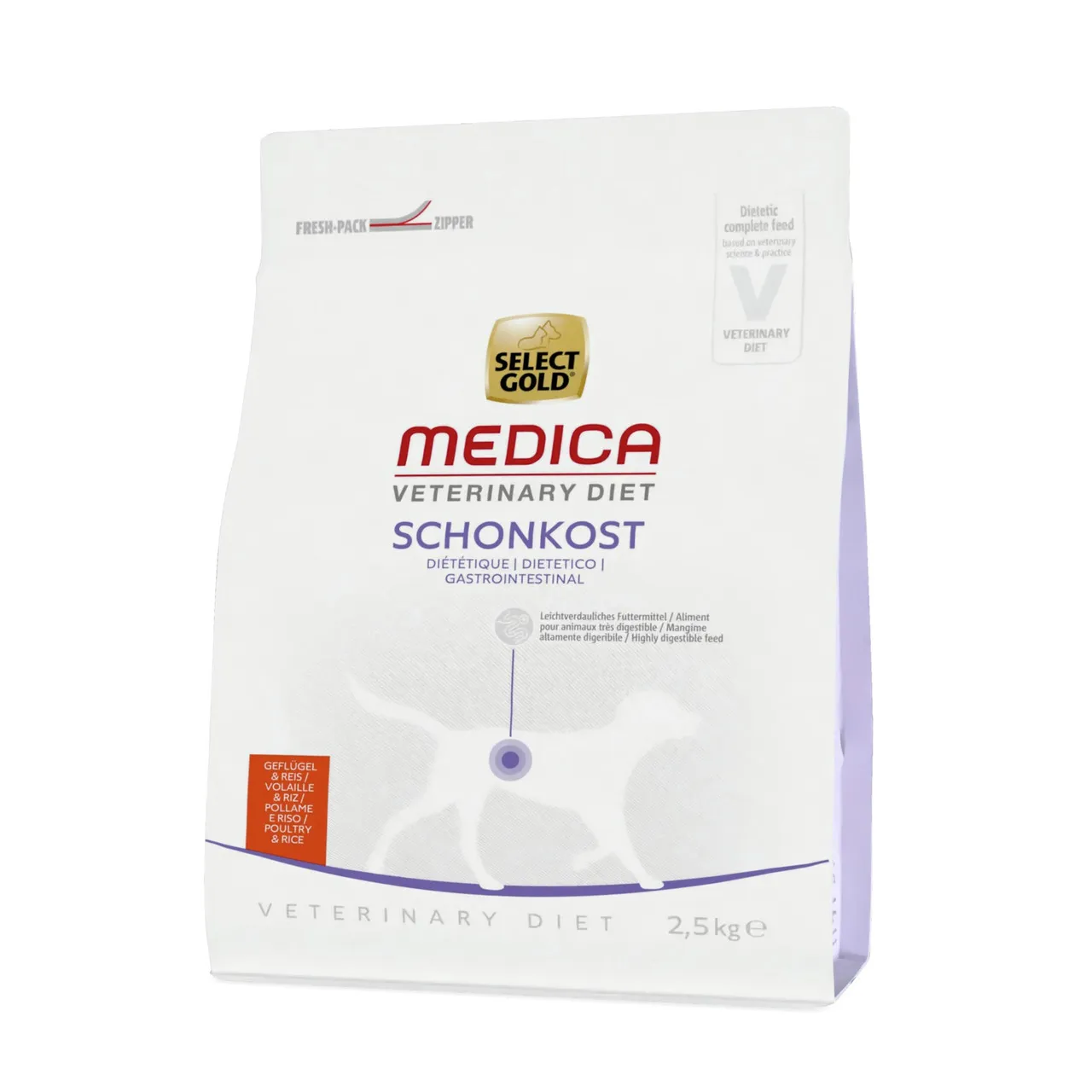 Select Gold Medica Schonkost für Hunde mit Geflügel & Reis im 2,5 kg Fresh-Pack mit Zipper. Leicht verdauliches Diätfuttermittel bei Magen-Darm-Beschwerden.